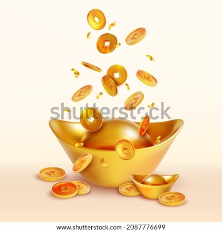 Realistic Detailed 3d Yuan Bao Chinese Gold and Falling Coins Set. Vector illustration of Traditional Lunar Holiday Concept