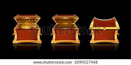 Realistic Detailed 3d Wooden Chest Open and Closed Set on a Black Symbol of Treasure. Vector illustration