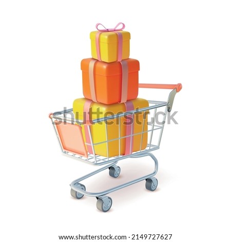 3d Metal Shopping Cart with Heap Present Boxes Plasticine Cartoon Style Isolated on a White Background. Vector illustration of Trolley Market