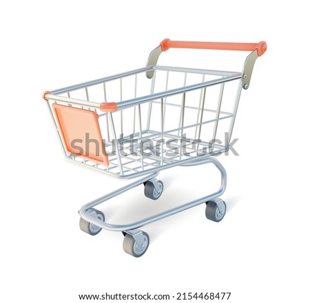 3d Metal Shopping Cart Plasticine Cartoon Style Isolated on a White Background. Vector illustration of Trolley Market