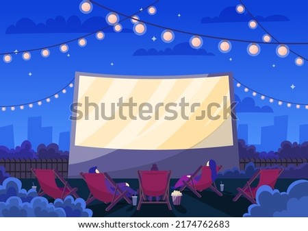 Cartoon Color Open Air Cinema Scene Concept Flat Design Style Night City, Romantic Event. Vector illustration
