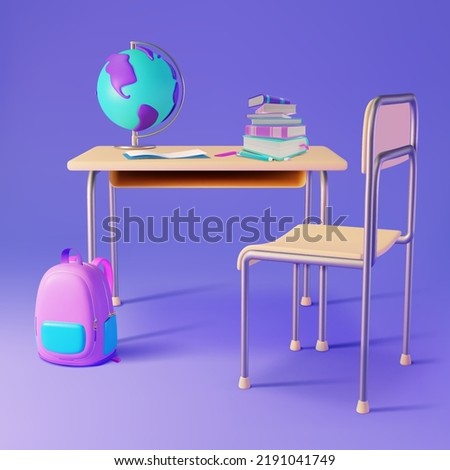 3d School Desk Table Chair and Accessory Study and Learn Concept Plasticine Cartoon Style. Vector illustration