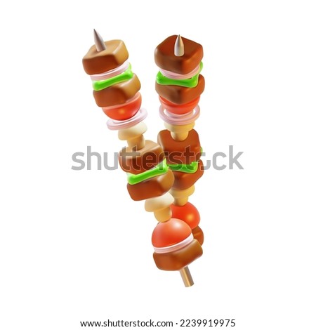 3d Kebab or Barbecue on a Skewer Food Meat Set Plasticine Cartoon Style Isolated on a White Background. Vector illustration