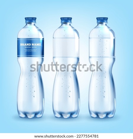 Realistic Detailed 3d Mineral Water Plastic Bottle Blank Empty Template Mockup and with Label Set. Vector illustration