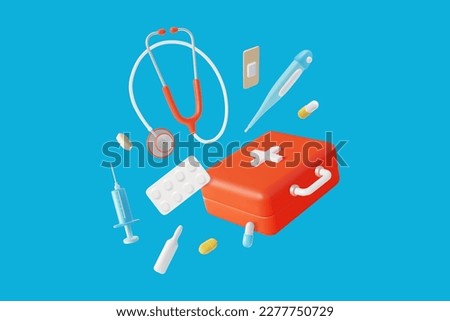 3d Health Care Concept Plasticine Cartoon Style Elements Include of Red First Aid Kit and Electronic Medical Thermometer. Vector illustration