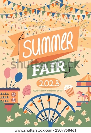 Cartoon Color Summer Fair Concept Poster Card Invitation Amusement Entertainment, Carousel and Funfair Flat Design Style. Vector illustration