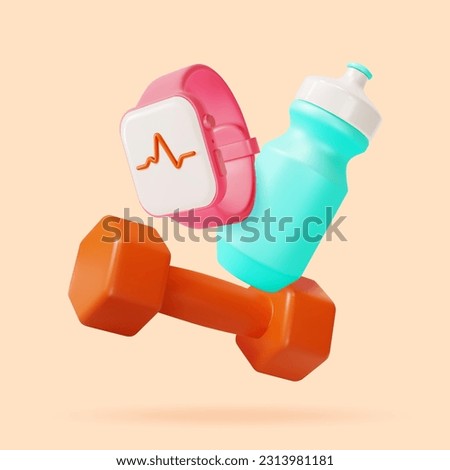 3d Workouts for Beginners Healthy Body Training Concept Background Cartoon Style. Vector illustration of Fitness Bracelet, Dumbbell and Water Bottle
