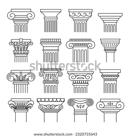 Ancient Columns Black Thin Line Icon Set Include of Ionic, Doric and Corinthian Order. Vector illustration of Icons