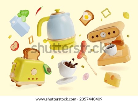 3d Kitchen Cooking Concept Cartoon Style Include of Coffee Machine with Cup, Toaster with Slices of Toasted Bread and Milk Pack. Vector illustration