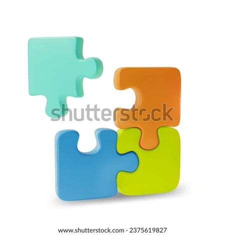 3d Color Jigsaw Puzzle Cartoon Style Game or Teamwork Concept Isolated on a White Background. Vector illustration of Puzzles Parts