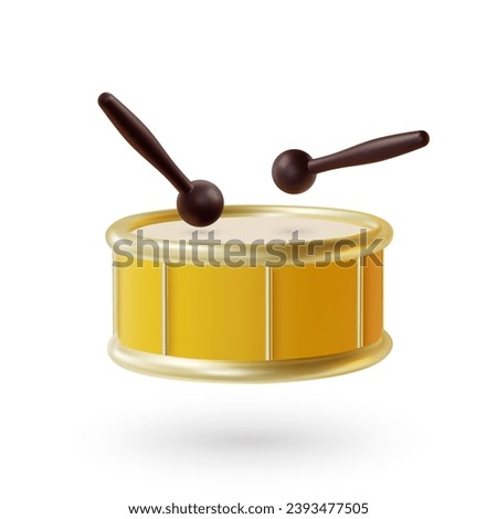 3d Yellow Snare Drum with Black Wooden Sticks Cartoon Style Isolated on a White Background. Vector illustration of Musical Instrument or Toy