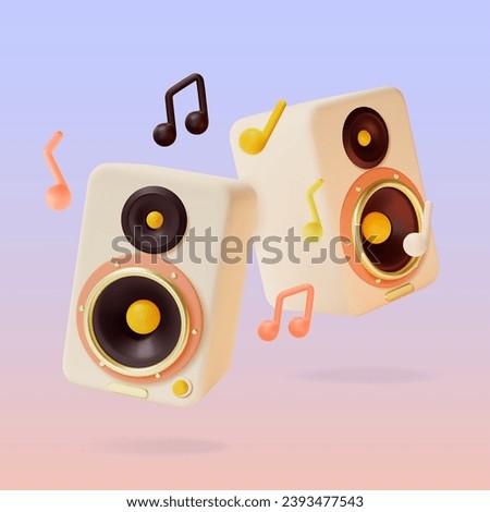 3d Sound Speakers and Music Notes Symbols Floating Objects Cartoon Style Element Party or Concert. Vector illustration of Loudspeakers