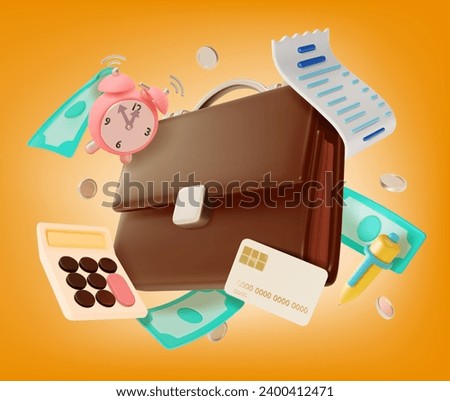 3d Business Investment and Management Concept Background Cartoon Style . Vector illustration of Briefcase and Floating Objects Around