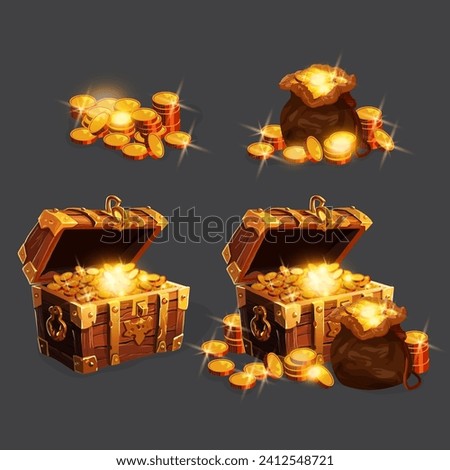 Realistic Detailed 3d Different Wooden Chest Set Game Interface Concept. Vector illustration of Old Chests with Gold Coins