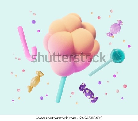 3d Cotton Candy and Floating Sweet Cute Lollipops Cartoon Style Dessert on a Blue Background. Vector illustration of Sweet Sugar Cloud on Stick