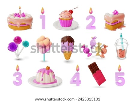 3d Candle Numbers and Sweet Desserts Set Cartoon Style Chocolate, Cupcake, Cake, Panna Cotta, Ice Cream and Cotton Candy. Vector illustration