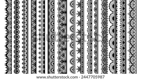 Cartoon Vertical Black Lace Pattern Elements Beautiful Decoration Concept. Vector illustration of Seamless Lace Ribbon Borders