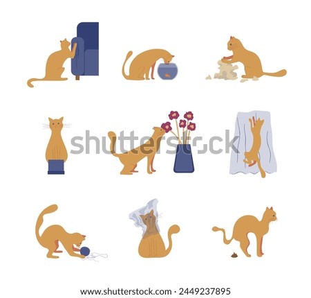 Cartoon Color Naughty Cat Behavior Set Kitten Scratching Furniture or Flower Plant Eat Concept Flat Design Style. Vector illustration