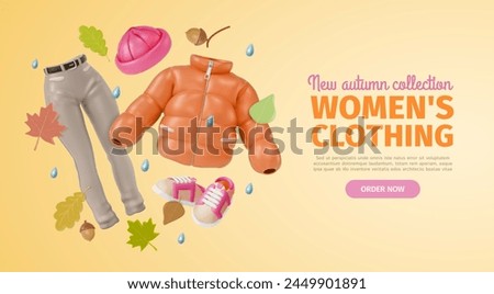 3d Autumn Women Clothing Collection Ads Banner Concept Poster Card Hat, Jeans and Down Jacket. Vector illustration of Floating Objects