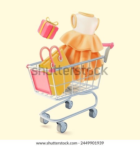 3d Metal Shopping Cart with Paper Bag, Gift Box and Female Dress Cartoon Design Style Online Concept. Vector illustration
