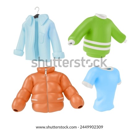 3d Different Male Clothes Set Cartoon Design Style Include of Down Jacket, Sweater and Shirt. Vector illustration