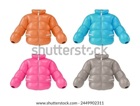 3d Different Color Down Jacket Set Cartoon Design Style Winter or Autumn Warm Clothes Concept. Vector illustration