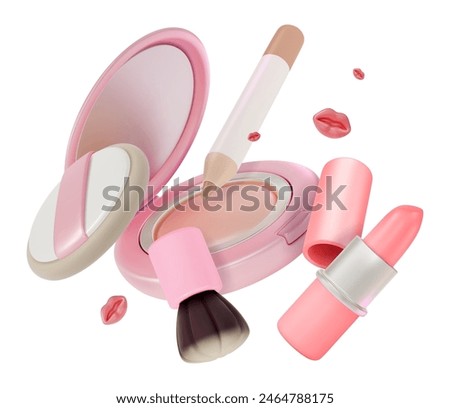 3d Makeup Cosmetic Product Concept Cartoon Design Style Lipstick, Eyeliner, Face Powder and Professional Brush. Vector illustration