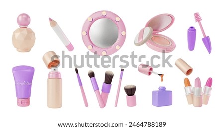 3d Makeup Cosmetic Product Concept Cartoon Design Style. Vector illustration of Face Powder, Lipstick, Brush and Mist Spray Bottle