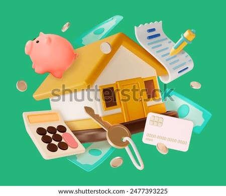 3d Real Estate Investment Invest in Your Future Concept Background Cartoon Design Style. Vector illustration of Home Building and Key