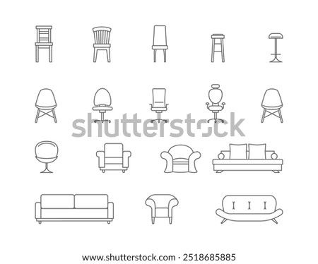 Chair and Sofa Sign Black Thin Line Icon Set Home Furniture Interior Concept . Vector illustration of Icons