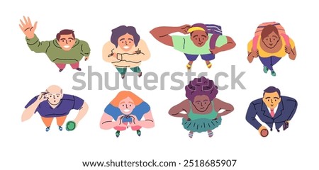 Cartoon Color Overhead Characters People Looking Up Concept Flat Design Style Top Down View. Vector illustration