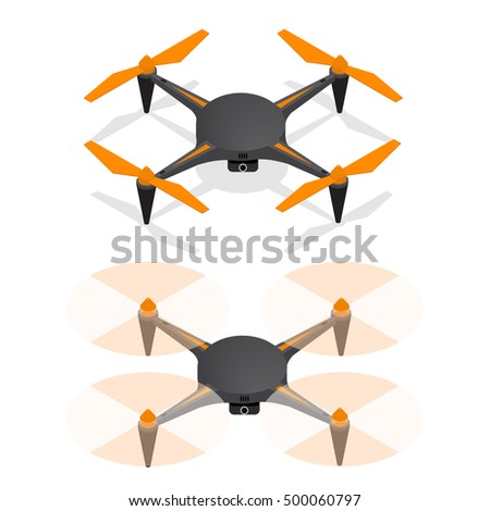 Realistic Air Drone Quadrocopter in the Sky and Turned Off For Monitoring and Video Isometric View. Vector illustration of two drones Icon fly, delivery and camera records
