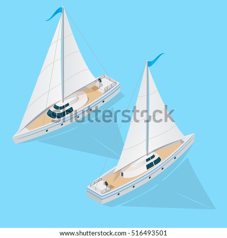 Yacht Boat Set Isometric 3d View on a Blue Background. Vector illustration of Flat ship ocean sea nautical water transport. Two top logistics or cruise concept. Sailing and yachting, vip 