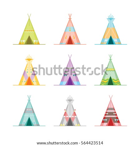 Cartoon Wigwams or Tepees Icons Set Native Indian Home Flat Design Style. Vector illustration