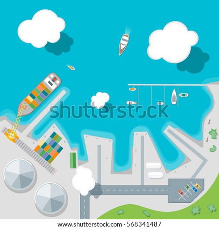 Cartoon Port Town and Barge Ship Loading Color Freight Containers on a Landscape Flat Design Style Top View . Vector illustration