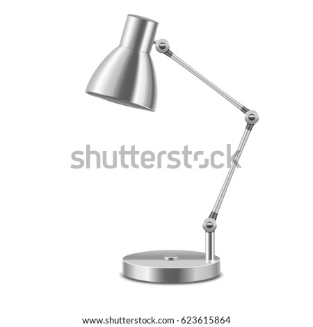 Realistic Template Blank Metal Table Lamp Illuminate Interior Office or Home Isolated on a White Background. Vector illustration