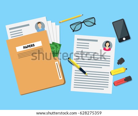 Cartoon View of Working Place witch Papers Folder, Phone, Glasses and Different Element. Vector illustration