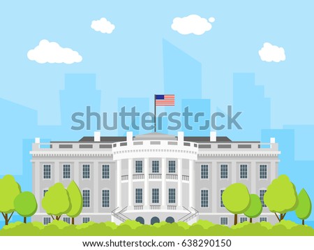 Cartoon White House Building Exterior Facade Government Architecture House Flat Design Style. Vector illustration