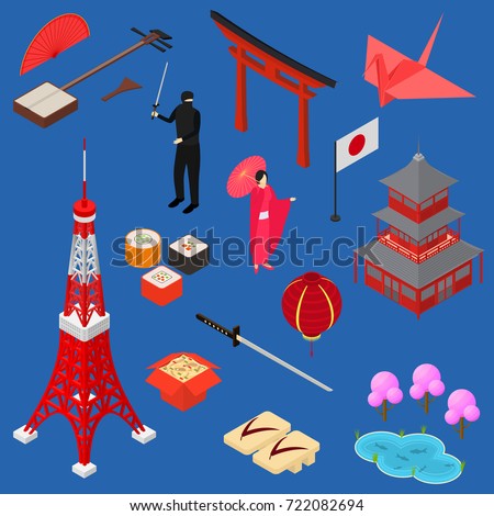 Symbol of Japan Icon Set Isometric View Style Design Japanese Asian Element Travel Business. Vector illustration of Oriental National Culture, Food and Monument