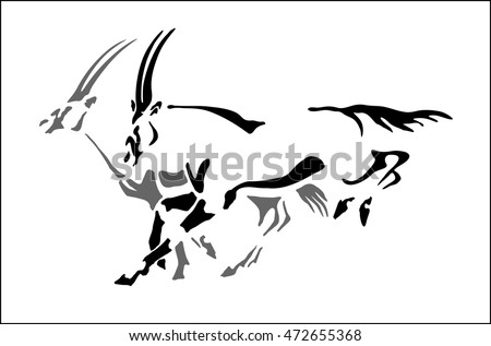 Two oryx antelopes run. Drawn by black and grey lines of variable width