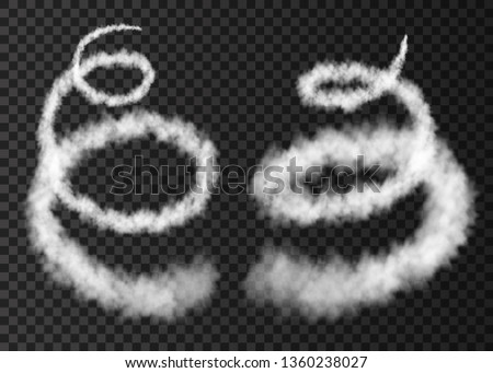 White smoke  plane spiral  track isolated on transparent background. Rocket takeoff. Realistic vector cloud or fog  texture. 