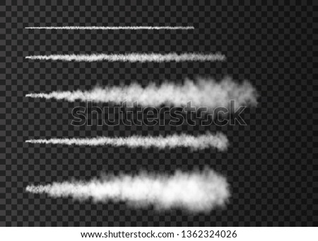 Smoke from space rocket launch. Foggy plane trail  isolated on transparent background. Fog.  Realistic vector texture.