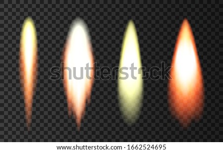 Flame and smoke from space rocket launch. Fire, comet or meteor on transparent background.  Spaceship take off. Plane jets track or ship trail. Vector light effect.