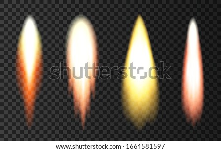 Flame and smoke from space rocket launch. Fire, comet or meteor on transparent background.  Spaceship take off. Plane jets track or ship trail. Vector light effect.