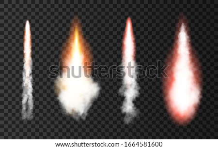 Flame and smoke from space rocket launch. Fire, comet or meteor on transparent background.  Spaceship take off. Plane jets track or ship trail. Vector light effect.