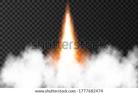 Flame and smoke from space rocket launch. Fire, comet or meteor on transparent background.  Spaceship take off. Plane jets track or ship trail. Vector light effect.