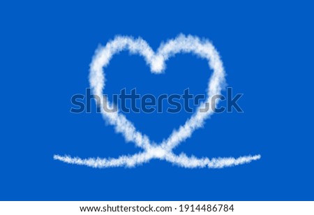 White cloud heart isolated on blue background.  Love. Sky. Steam  special effect.  Realistic  vector fog,  fire smoke  or mist texture for Valentine day banner template .