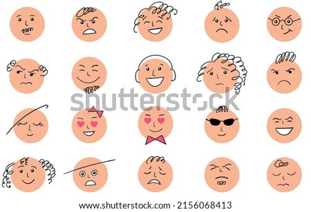 Cartoon cute and funny faces with positive and negative emotions. Comic caricature characters with eyes and mouth. Hand drawn facial expressions set. Vector flat avatar icons.