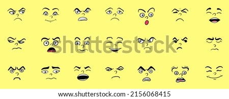 Cartoon cute and funny faces with positive and negative emotions. Comic caricature characters with eyes and mouth. Hand drawn facial expressions set. Vector flat avatar icons.