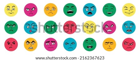 Cartoon cute and funny faces with positive and negative emotions. Comic caricature characters with eyes and mouth. Hand drawn facial expressions set. Vector flat avatar icons.